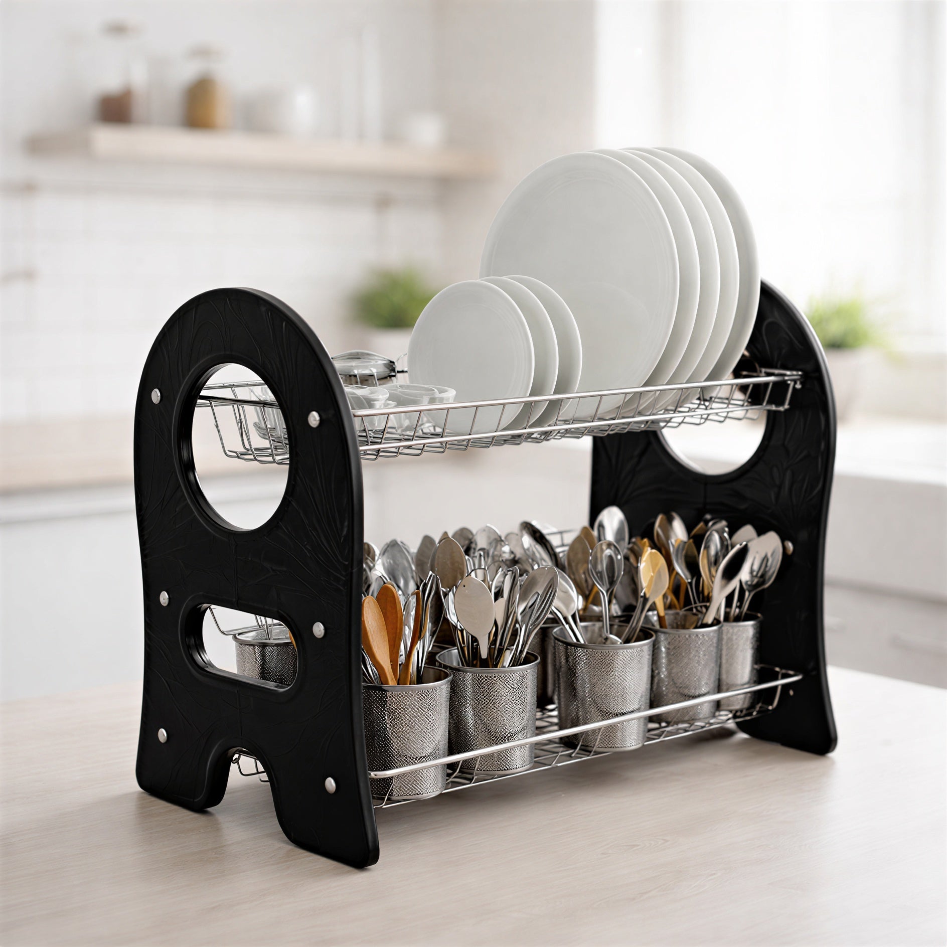 Premium 2 Tier Standing Dish Drying Rack with Utensil Hooks