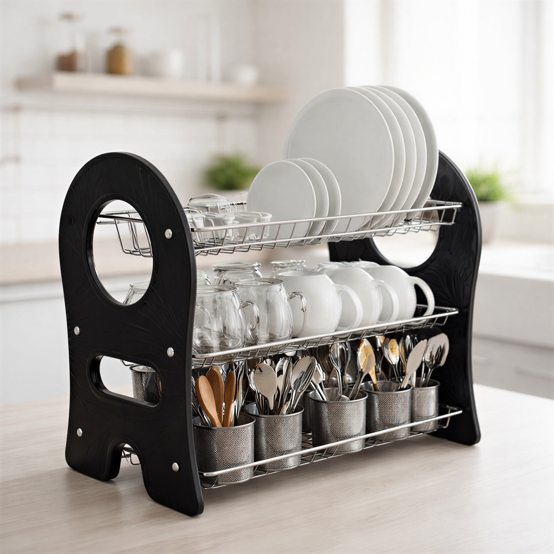 Premium 3 Tier Standing Dish Drying Rack with Utensil Hooks
